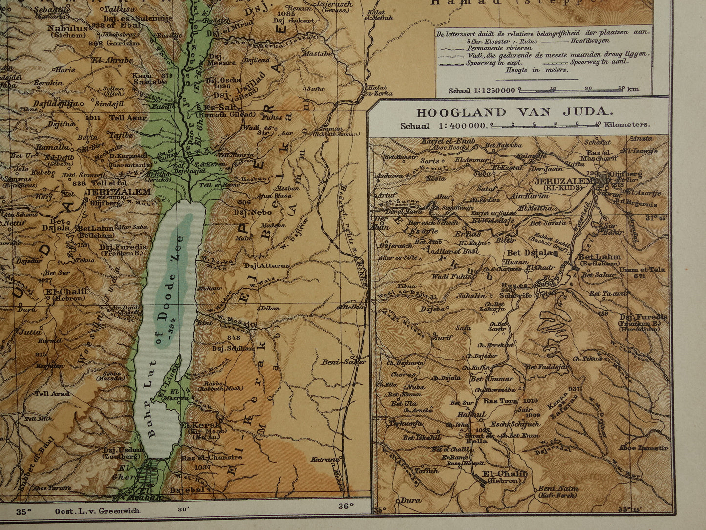 Oude landkaart van Israël Libanon Palestina Syrië uit 1910 originele Nederlandse antieke kaart Jeruzalem Juda