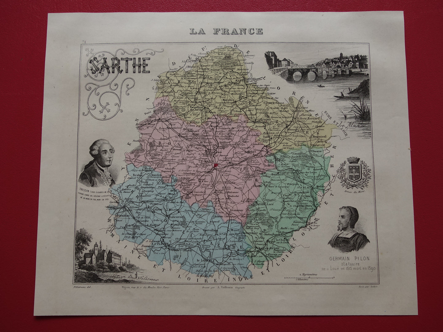 Kaart van Sarthe departement in Frankrijk uit 1856 originele antieke oude handgekleurde landkaart Le Mans