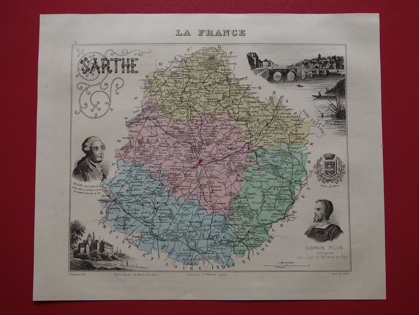 Kaart van Sarthe departement in Frankrijk uit 1856 originele antieke oude handgekleurde landkaart Le Mans