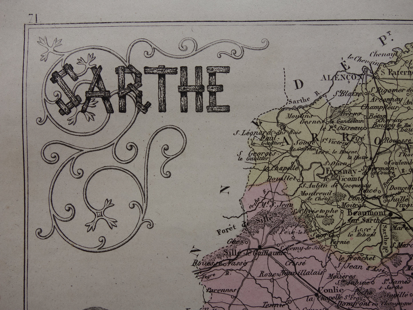 Kaart van Sarthe departement in Frankrijk uit 1856 originele antieke oude handgekleurde landkaart Le Mans