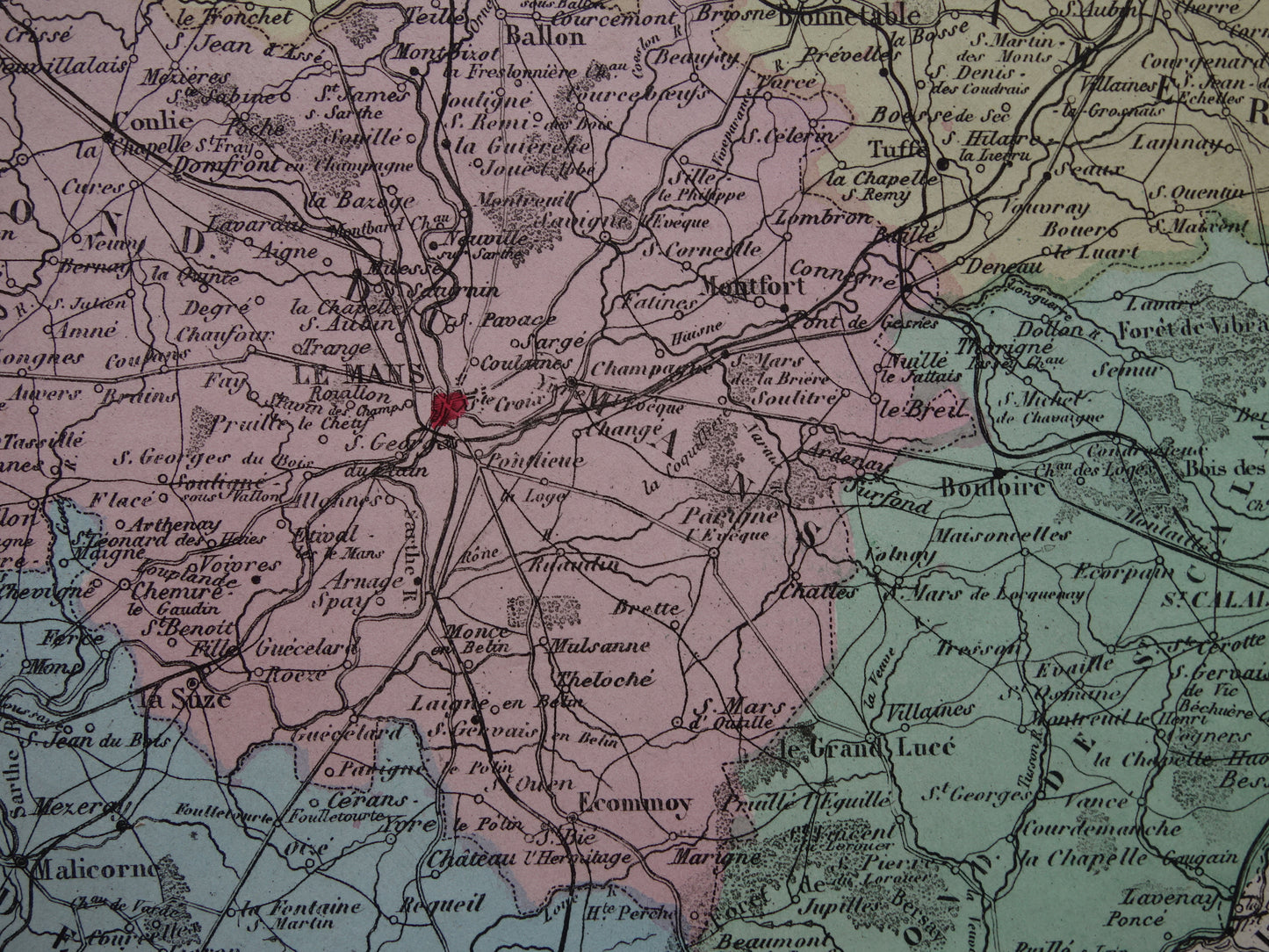 Kaart van Sarthe departement in Frankrijk uit 1856 originele antieke oude handgekleurde landkaart Le Mans