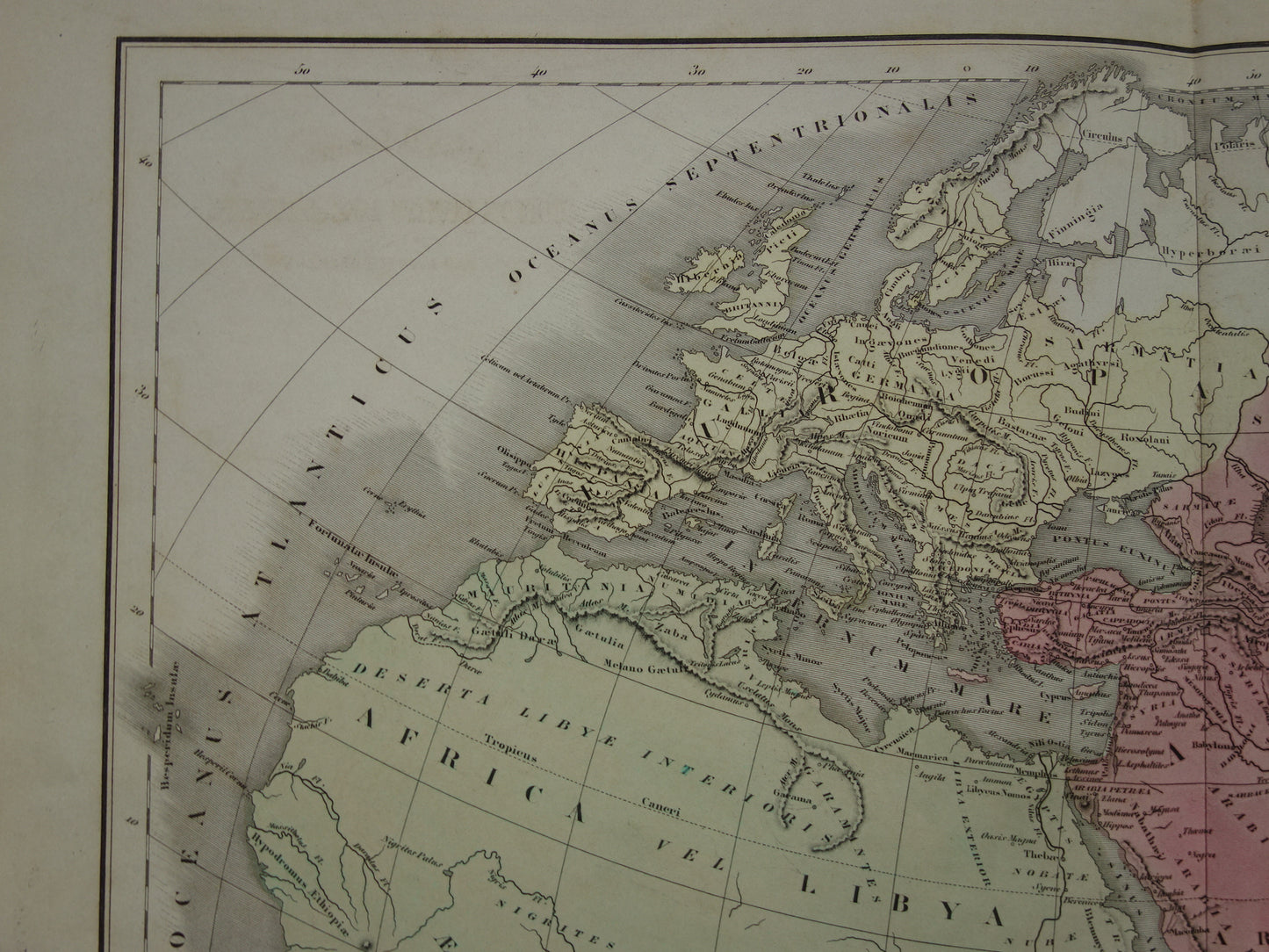 Ptolemaeus oude wereldkaart uit 1859 kaart van de klassieke wereld originele antieke handgekleurde landkaart