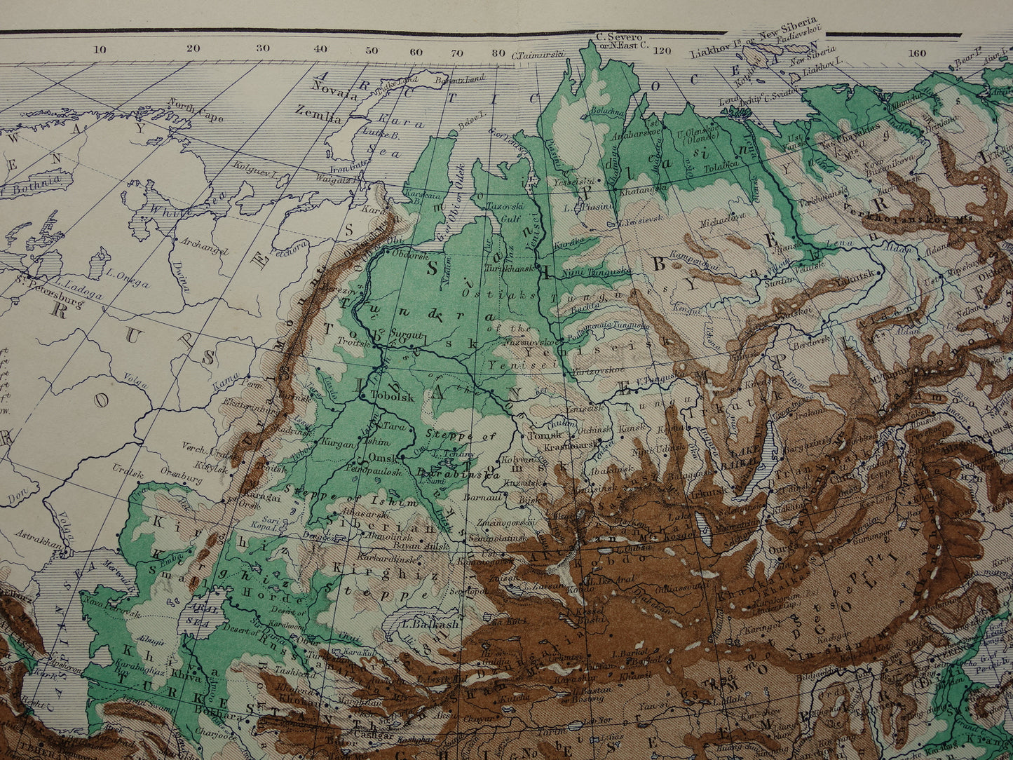 Azië antieke kaart van Azië 140+ jaar oude landkaart van continent uit 1879 - originele vintage hoogtekaart