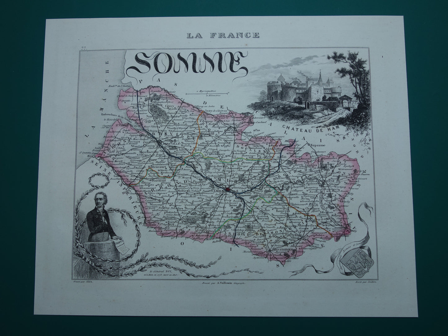 Oude kaart van Somme departement in Frankrijk uit 1851 originele vintage handgekleurde landkaart Ameins Abbeville