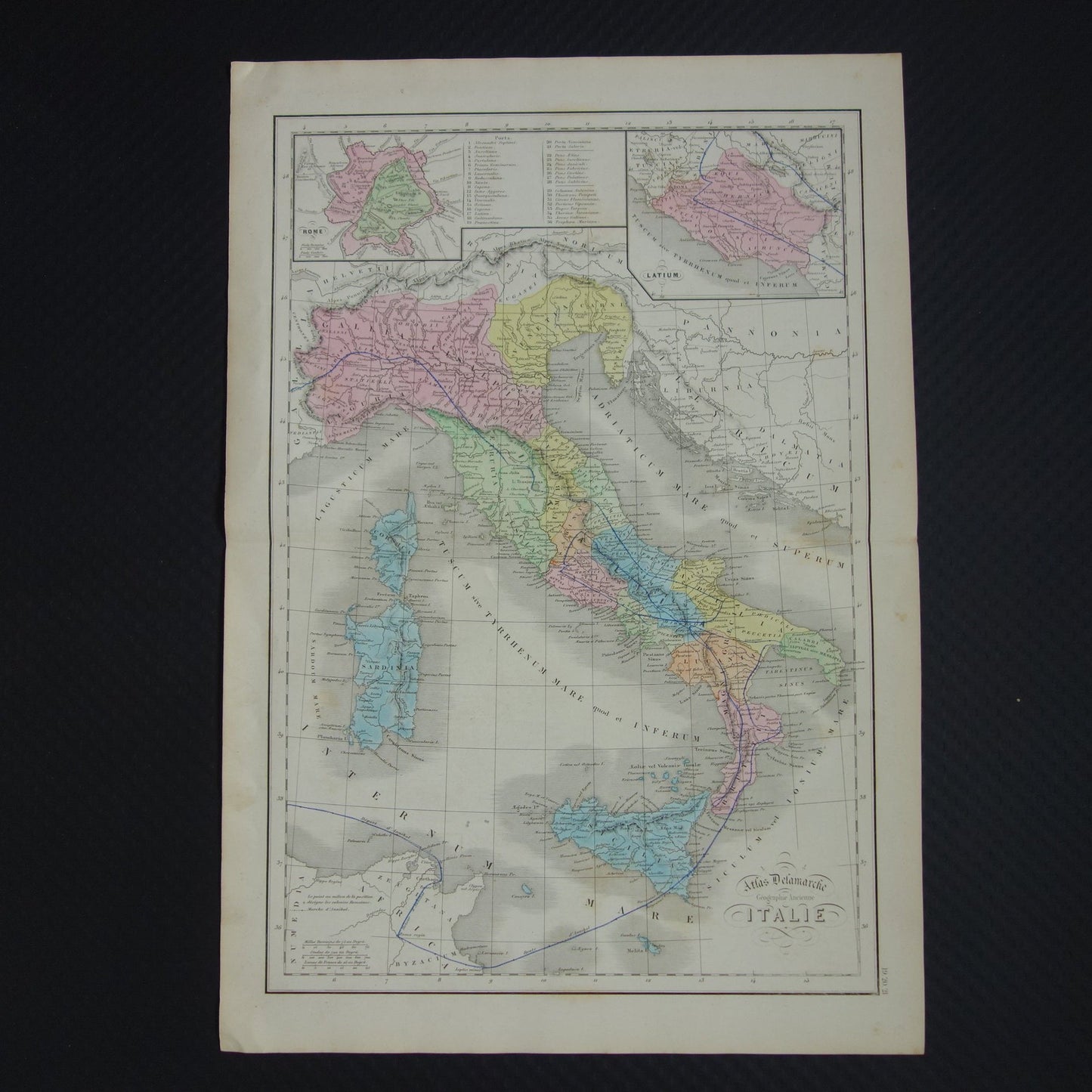 Oude kaart van Italië in de klassieke oudheid - originele antieke landkaart 1859 - vintage geschiedeniskaart Italië Route Hannibal Barca