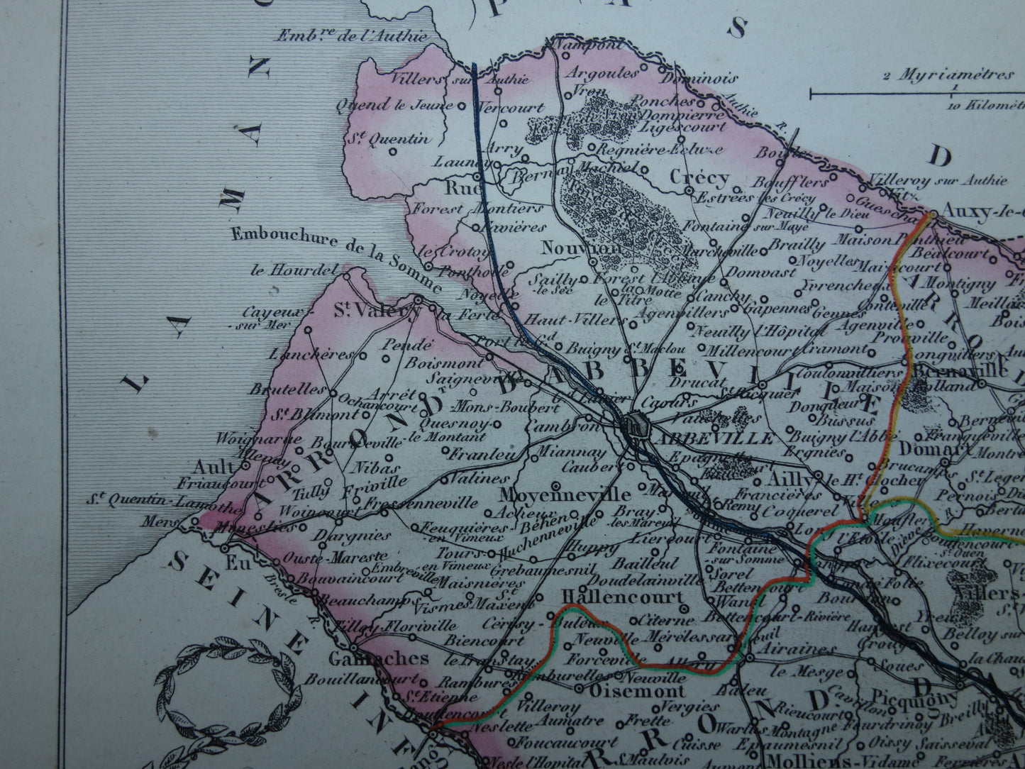 Oude kaart van Somme departement in Frankrijk uit 1851 originele vintage handgekleurde landkaart Ameins Abbeville