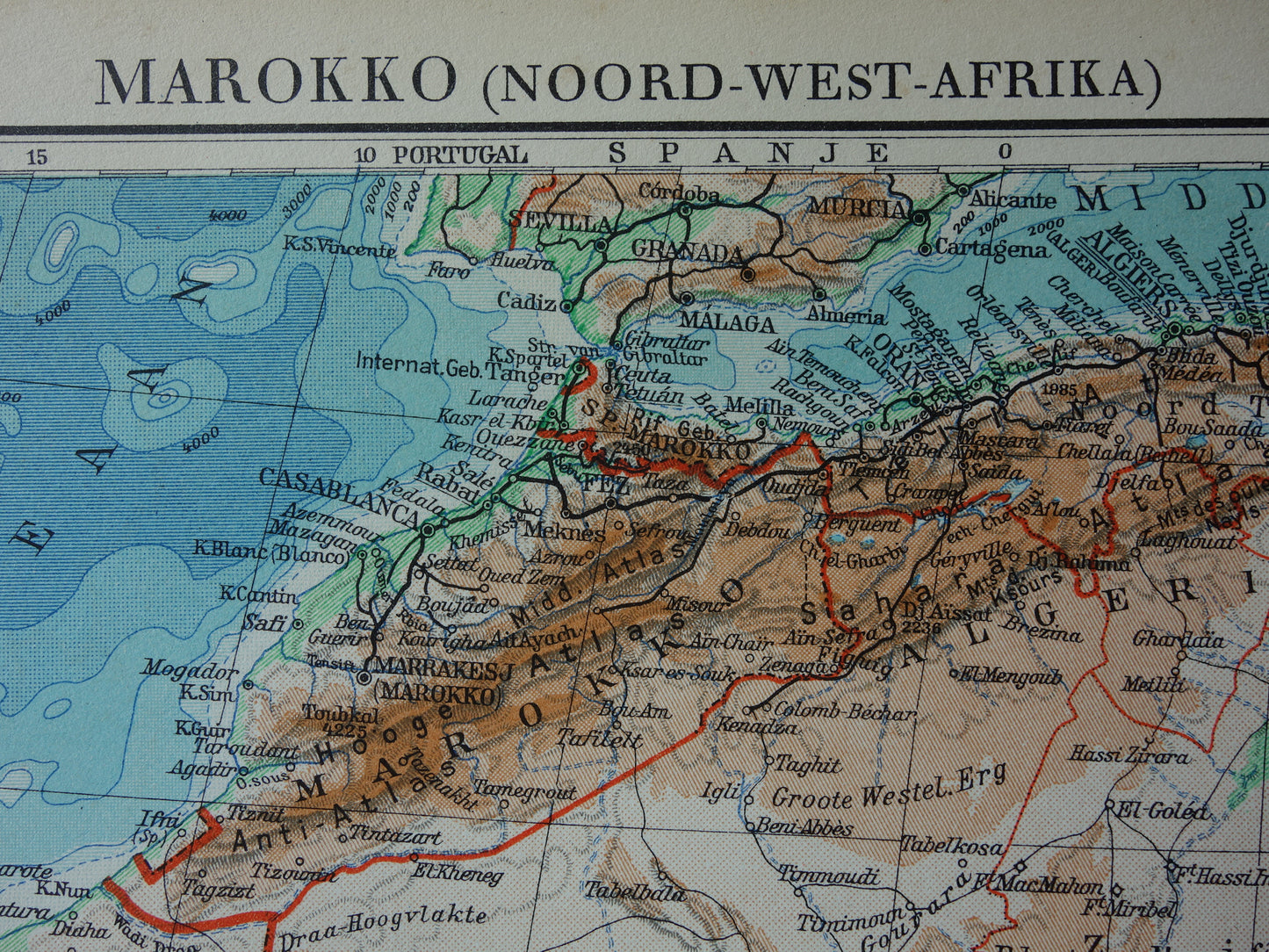 Oude kaart van Noordwest-Afrika uit 1936 Originele vintage Nederlandse kaart van Sahara Goudkust Sahel Guinea Marokko