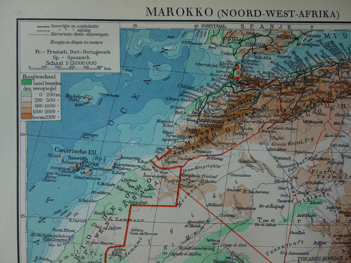 Oude kaart van Noordwest-Afrika uit 1936 Originele vintage Nederlandse kaart van Sahara Goudkust Sahel Guinea Marokko