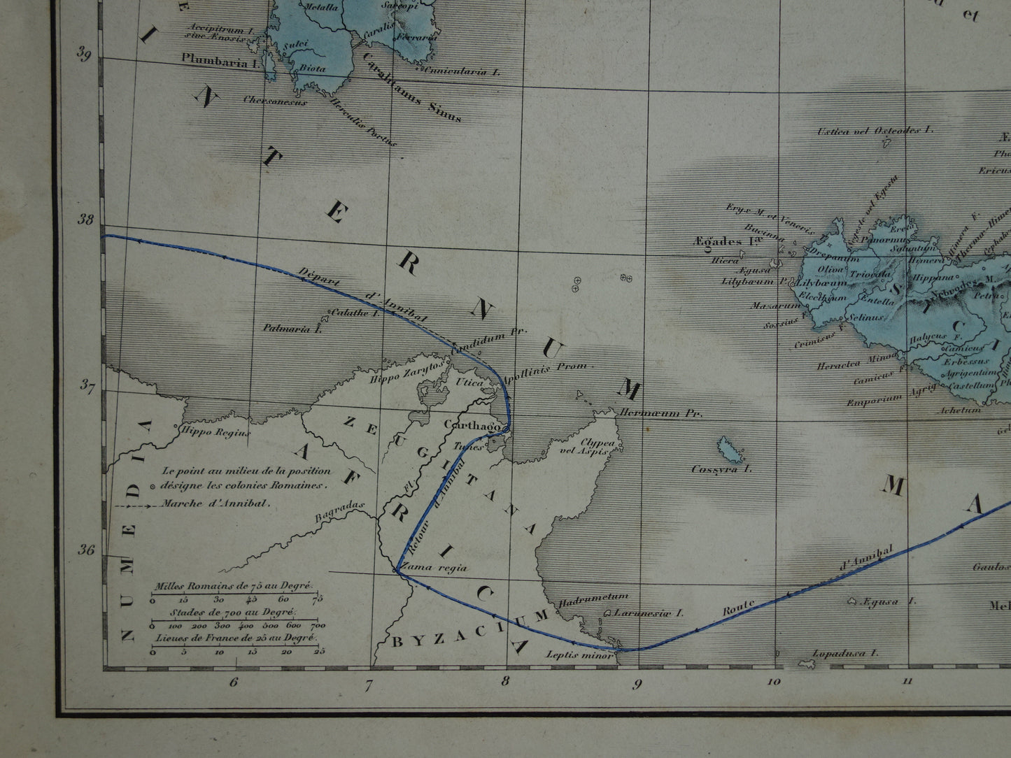 Oude kaart van Italië in de klassieke oudheid - originele antieke landkaart 1859 - vintage geschiedeniskaart Italië Route Hannibal Barca