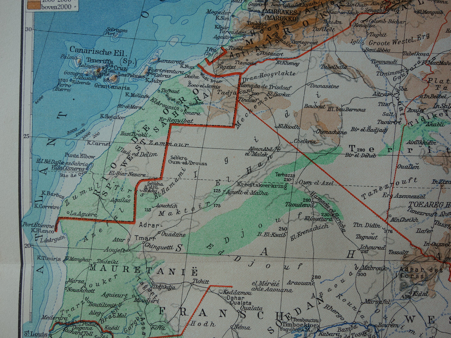 Oude kaart van Noordwest-Afrika uit 1936 Originele vintage Nederlandse kaart van Sahara Goudkust Sahel Guinea Marokko