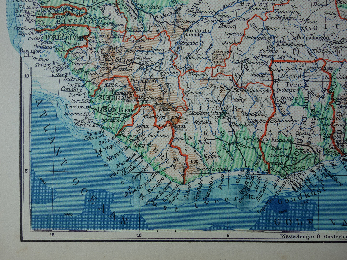 Oude kaart van Noordwest-Afrika uit 1936 Originele vintage Nederlandse kaart van Sahara Goudkust Sahel Guinea Marokko