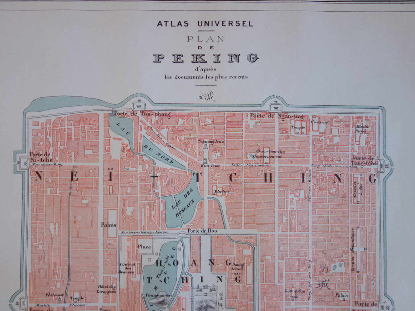 BEIJING Grote oude kaart van Beijing China uit 1877 originele antieke Franse plattegrond historische kaarten Peking