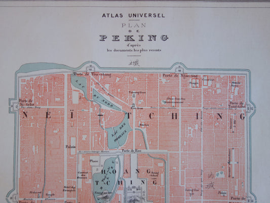 BEIJING Grote oude kaart van Beijing China uit 1877 originele antieke Franse plattegrond historische kaarten Peking