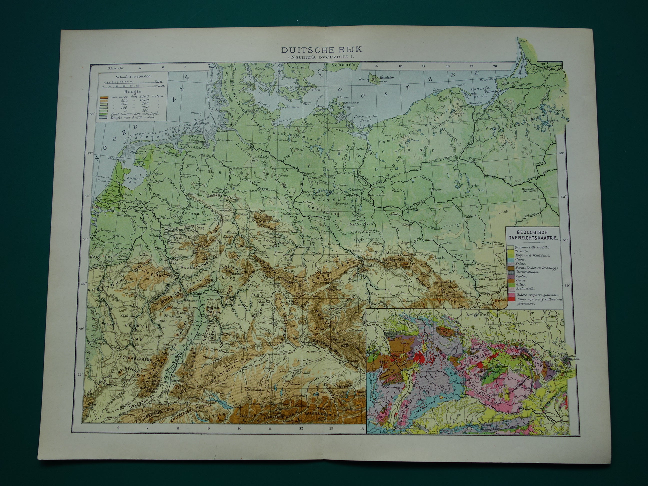 DUITSLAND oude hoogtekaart en geologische kaart van Duitse Rijk uit 19 ...