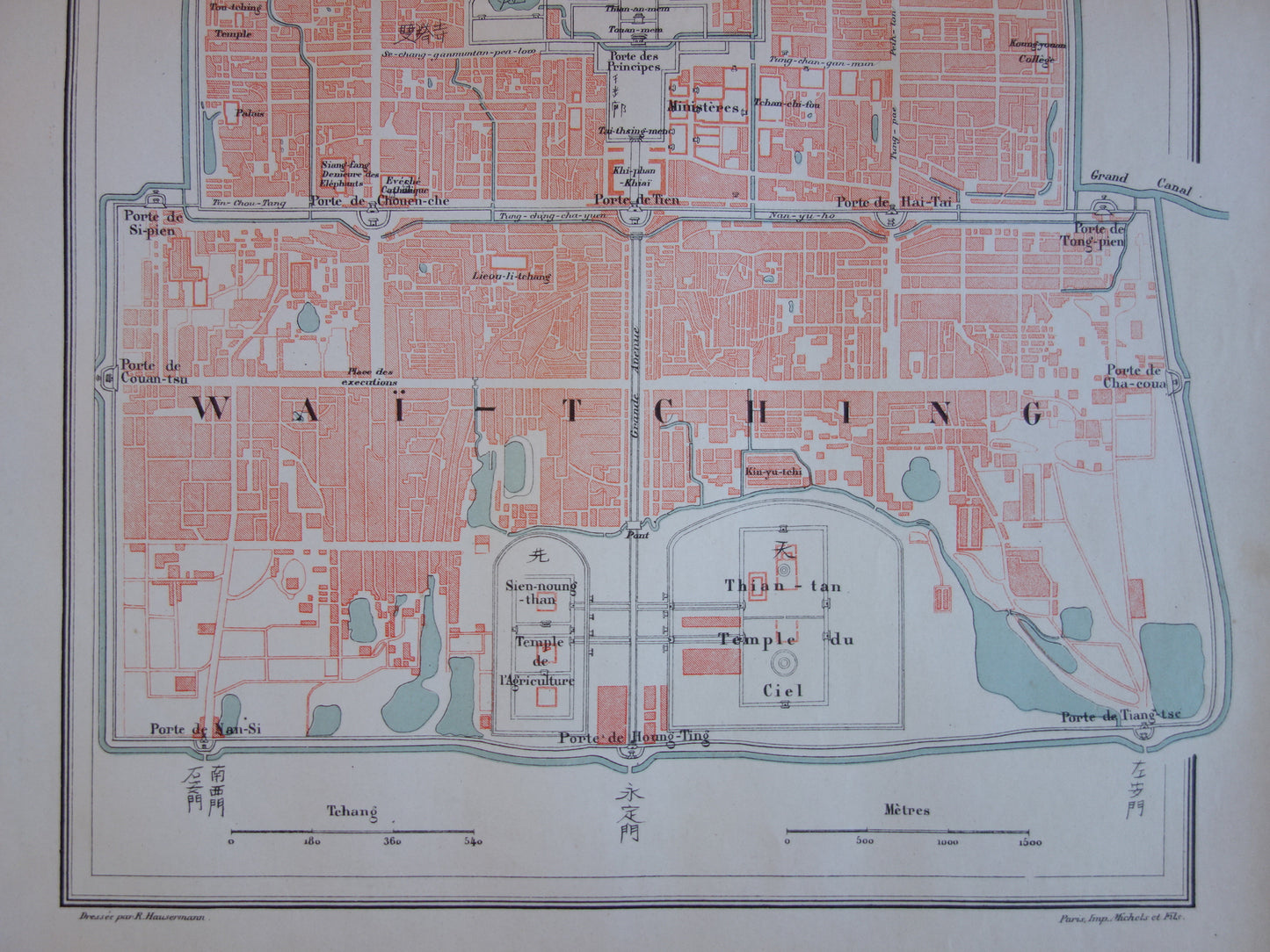 PEKING Große alte Karte von Peking, China, aus dem Jahr 1877, originaler antiker französischer Plan, historische Karten von Peking