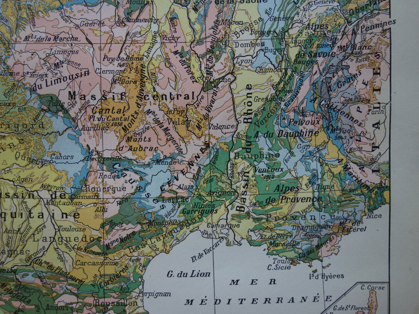 Oude kaart van Frankrijk Geologie Antieke Geologische landkaart uit 1902 Vintage kaarten Franse Bodem Tijdschaal