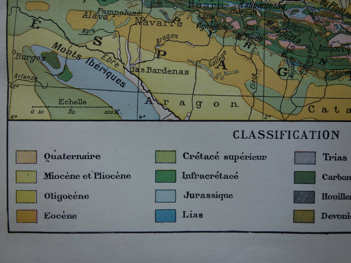 Oude kaart van Frankrijk Geologie Antieke Geologische landkaart uit 1902 Vintage kaarten Franse Bodem Tijdschaal