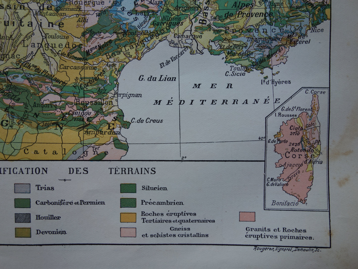 Oude kaart van Frankrijk Geologie Antieke Geologische landkaart uit 1902 Vintage kaarten Franse Bodem Tijdschaal