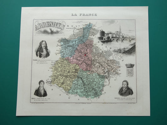 Oude kaart van Ardennes departement in Frankrijk uit 1882 originele antieke handgekleurde landkaart Charleville Mezieres Rethel Sedan Revin Ardennen