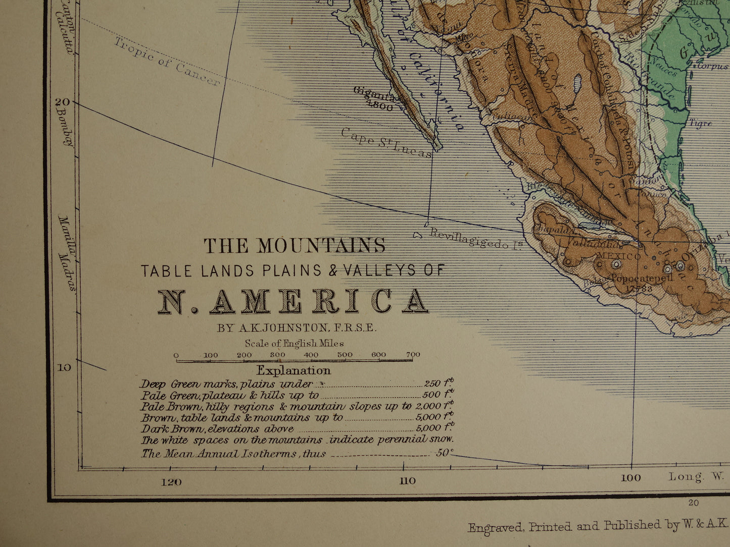 Noord-Amerika antieke kaart van Noord-Amerika 140+ jaar oude landkaart van continent uit 1879 - originele vintage hoogtekaart
