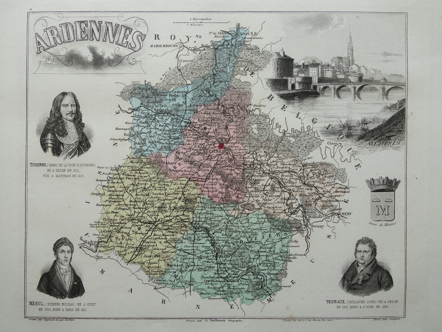 Old map of Ardennes department in France from 1882 original antique hand-colored map Charleville Mezieres Rethel Sedan Revin Ardennes