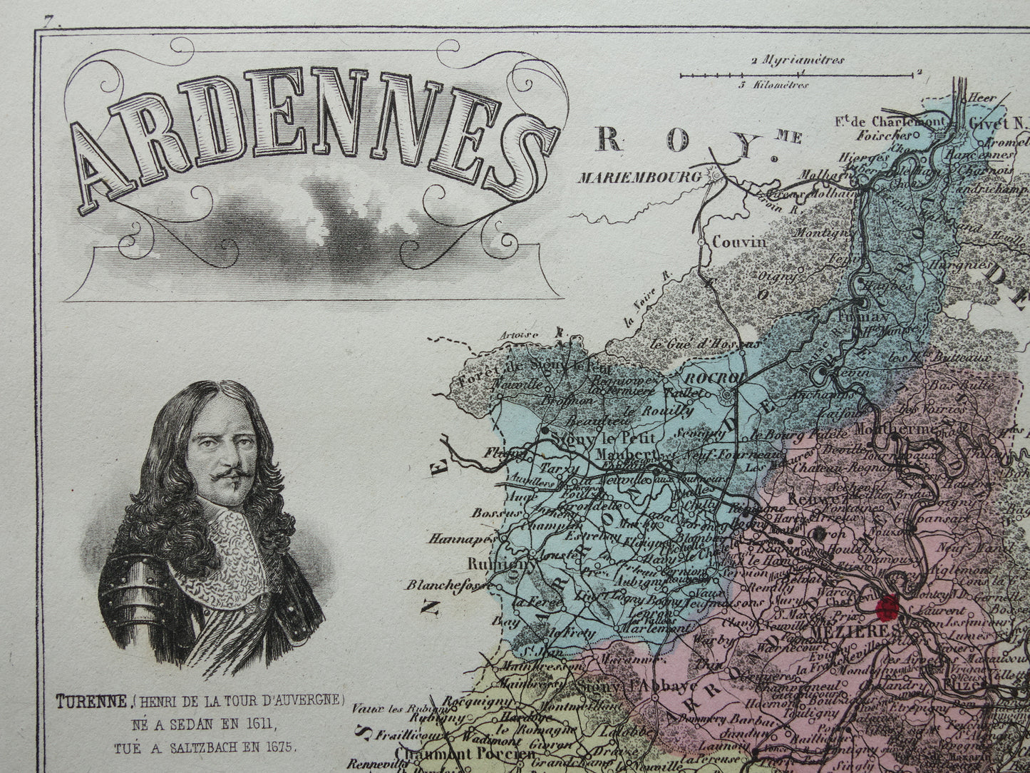 Old map of Ardennes department in France from 1882 original antique hand-colored map Charleville Mezieres Rethel Sedan Revin Ardennes