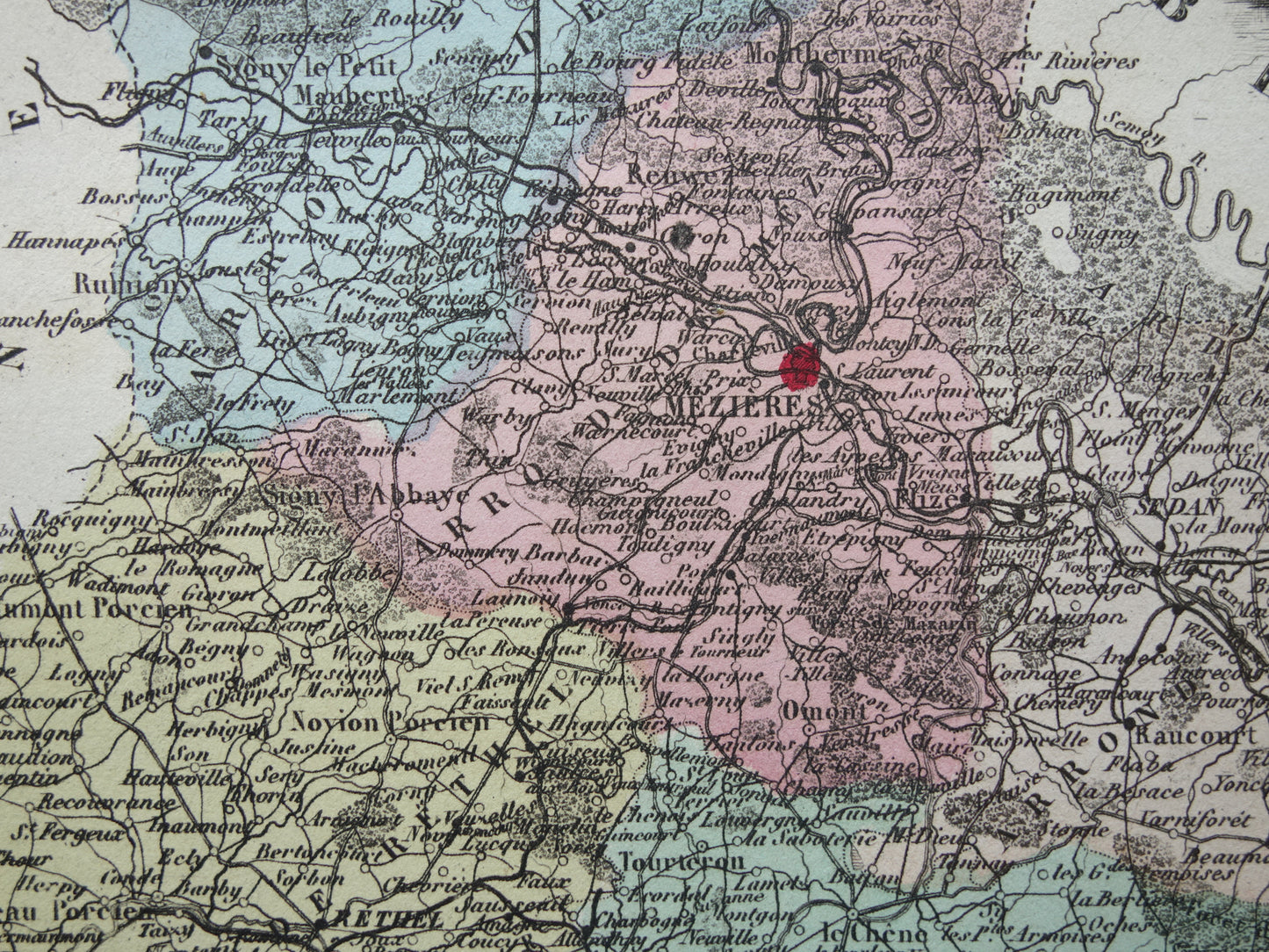 Old map of Ardennes department in France from 1882 original antique hand-colored map Charleville Mezieres Rethel Sedan Revin Ardennes