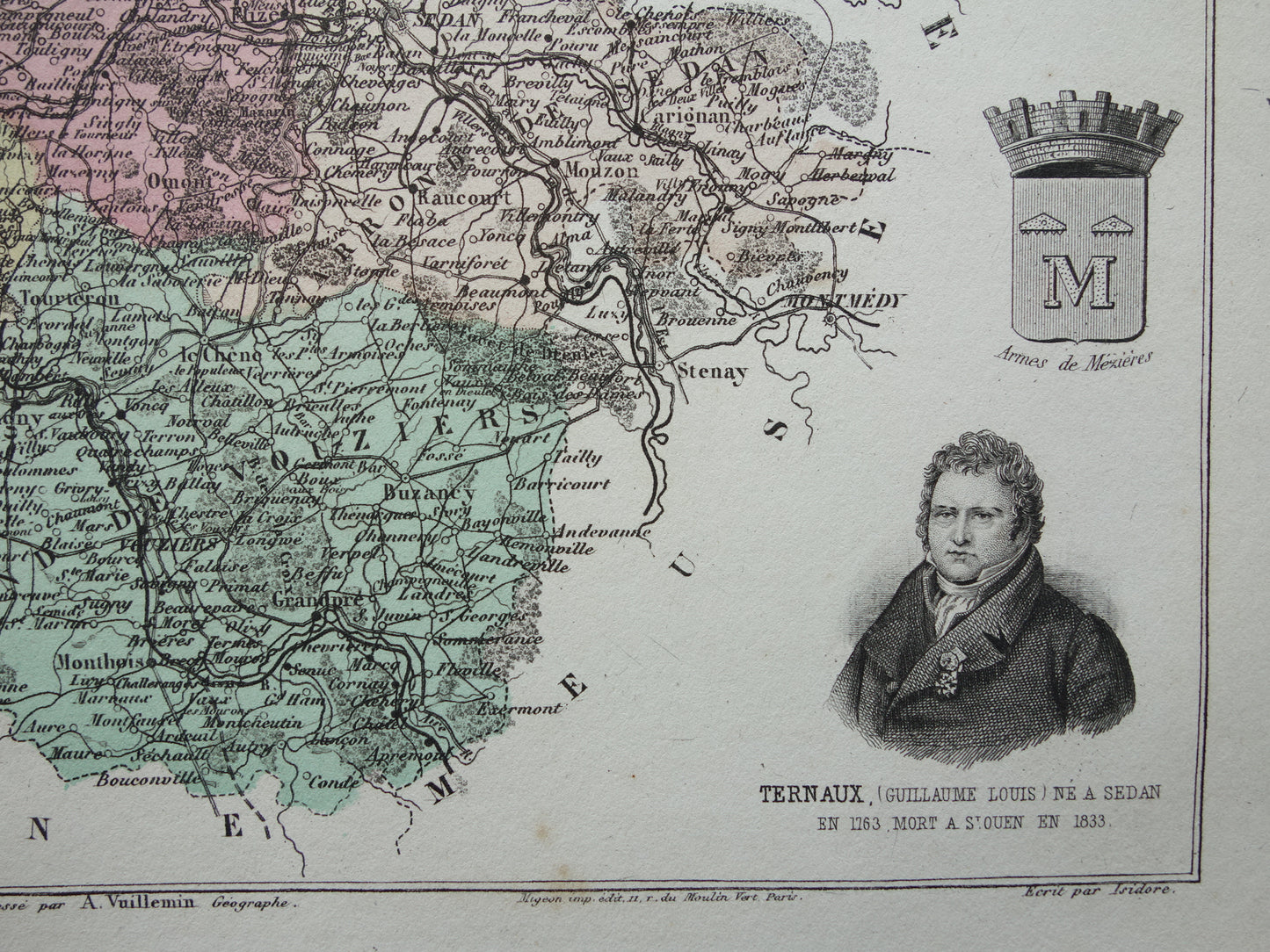 Old map of Ardennes department in France from 1882 original antique hand-colored map Charleville Mezieres Rethel Sedan Revin Ardennes