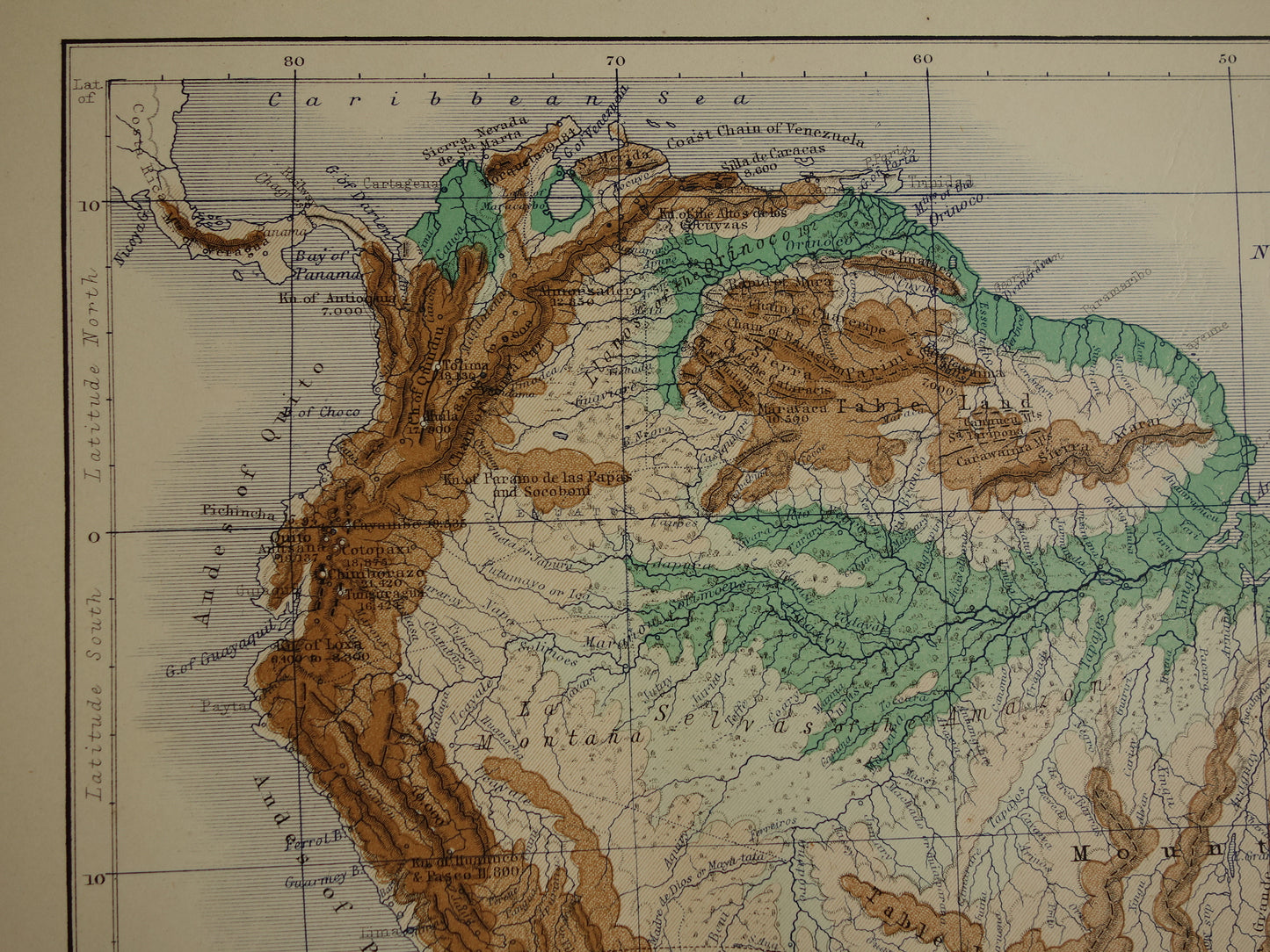 Zuid-Amerika antieke kaart van Zuid-Amerika 140+ jaar oude landkaart van continent uit 1879 - originele vintage hoogtekaart
