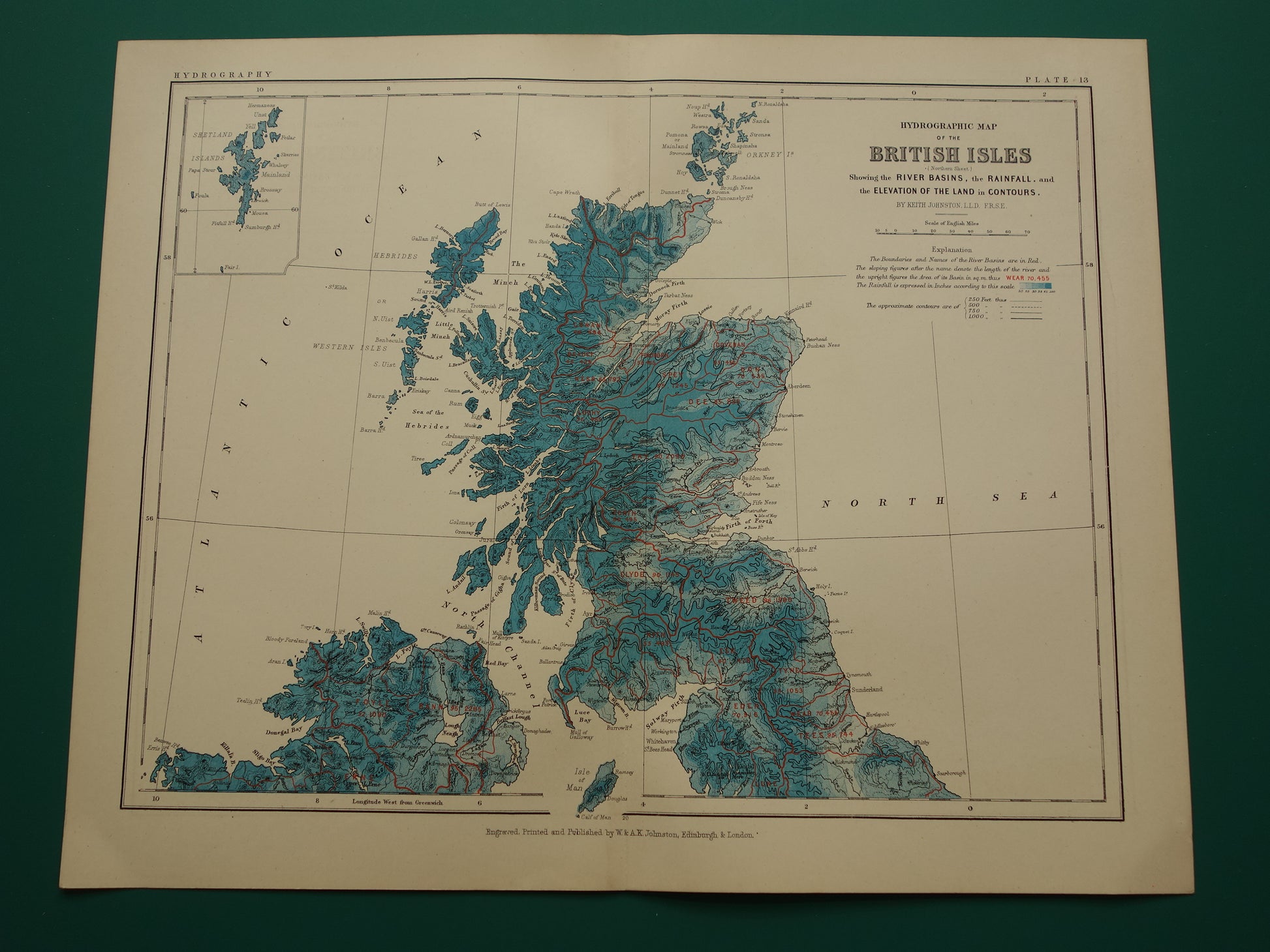 Oude hydrografische kaart van Schotland en noordelijk deel van de Britse Eilanden Geologische kaarten A.K. Johnston UK Ierland 1879 originele antieke landkaarten