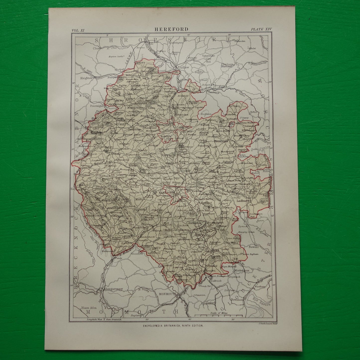 Hereford oude landkaart van Herefordshire Engeland originele antieke kaart uit 1880 vintage kaarten Ross Ledbury Leominster