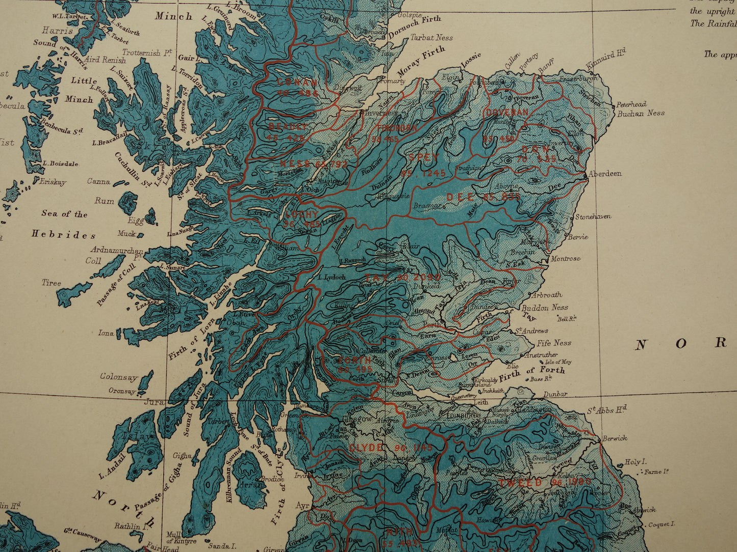 Oude hydrografische kaart van Schotland en noordelijk deel van de Britse Eilanden Geologische kaarten A.K. Johnston UK Ierland 1879 originele antieke landkaarten