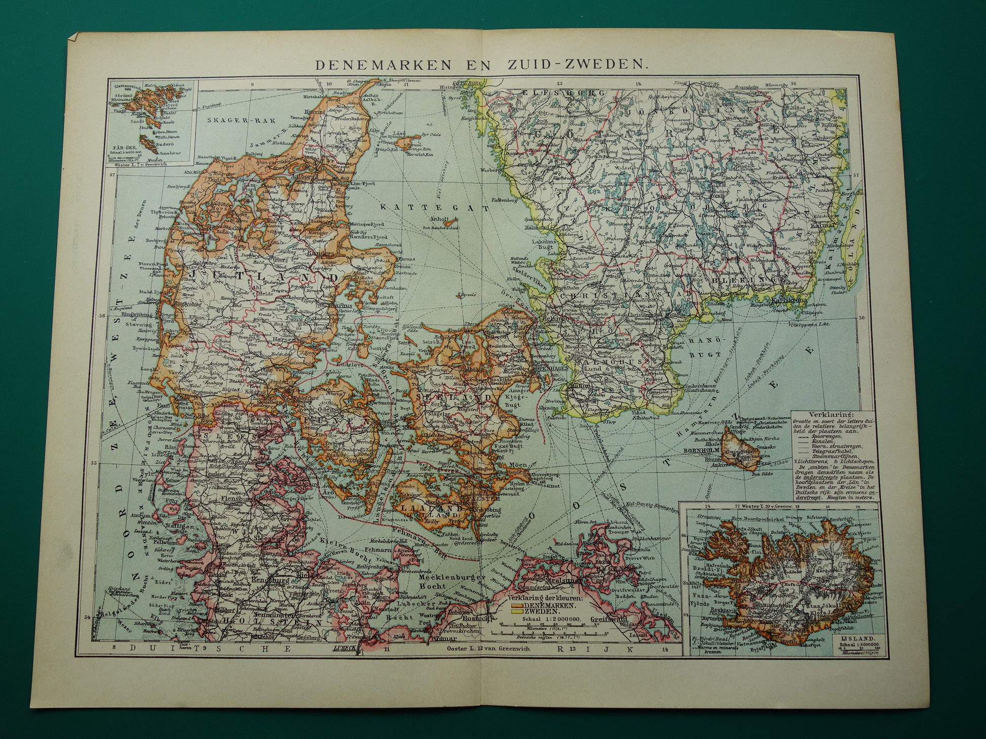 Vintage kaart van Denemarken 1907 originele antieke historische landkaart Denemarken en zuid Zweden