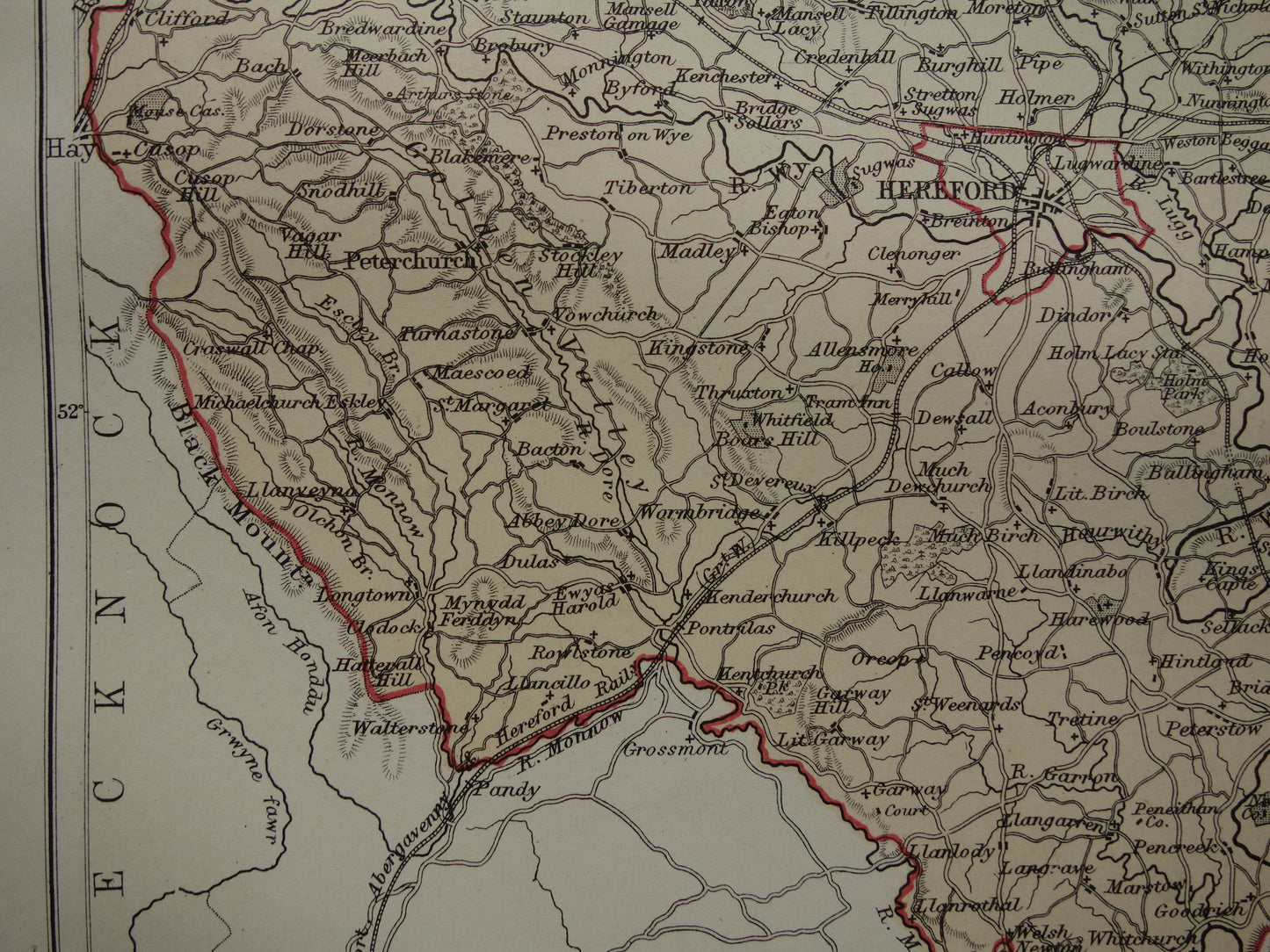 Hereford oude landkaart van Herefordshire Engeland originele antieke kaart uit 1880 vintage kaarten Ross Ledbury Leominster
