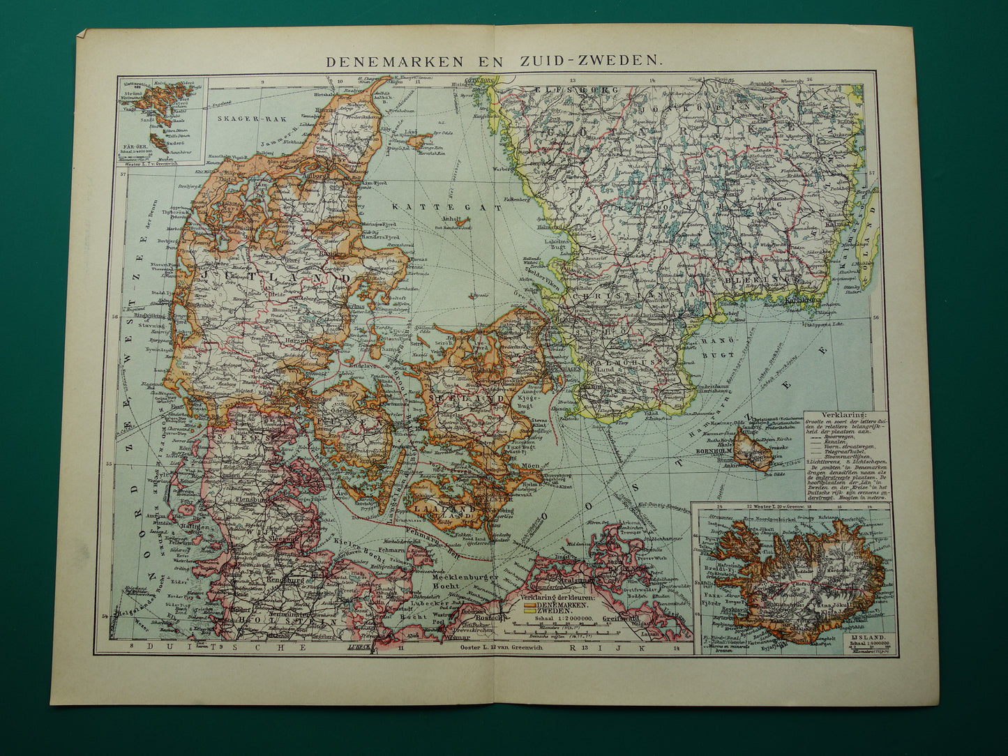 Vintage kaart van Denemarken 1907 originele antieke historische landkaart Denemarken en zuid Zweden