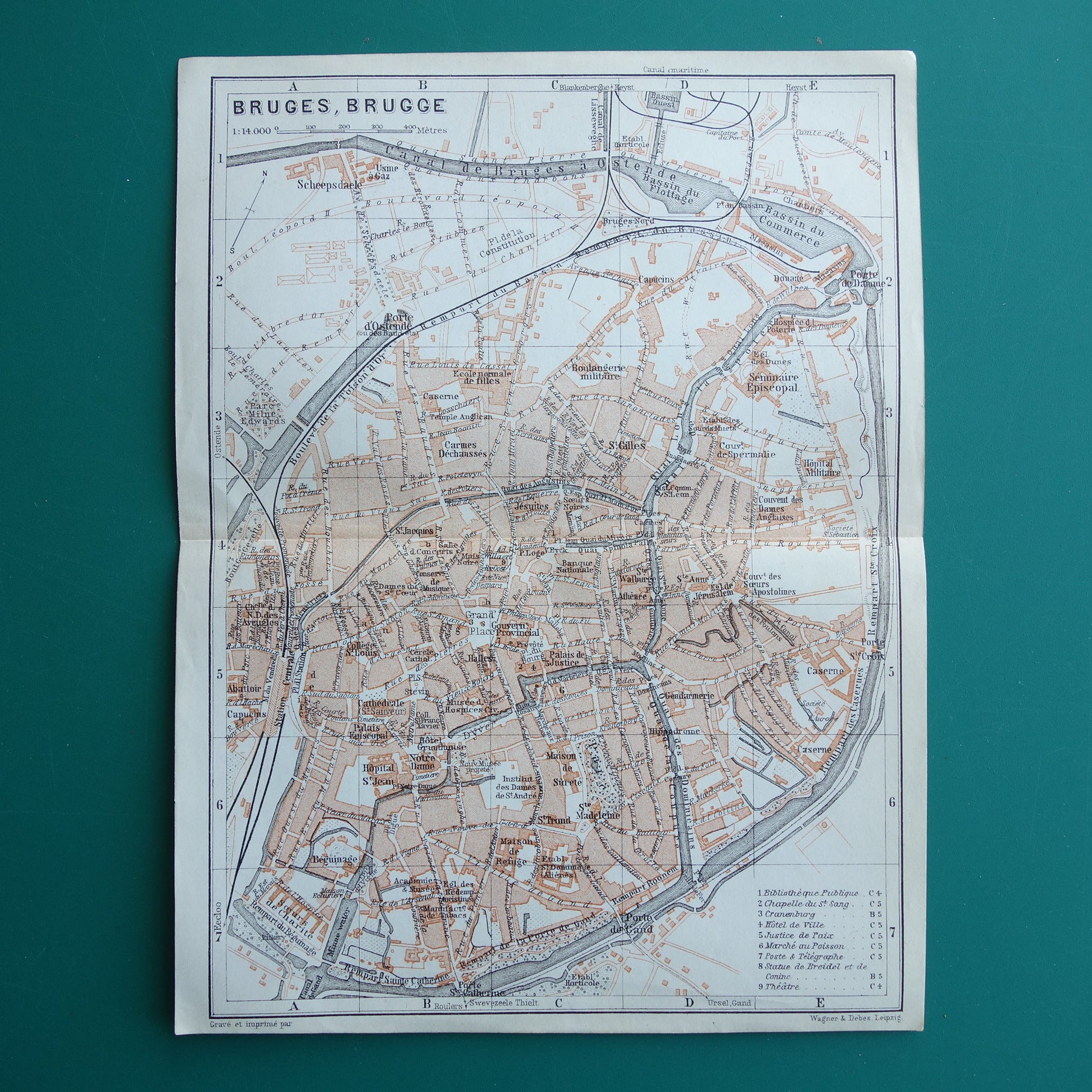 Brugge in het jaar 1910 kleine antieke historische kaart
