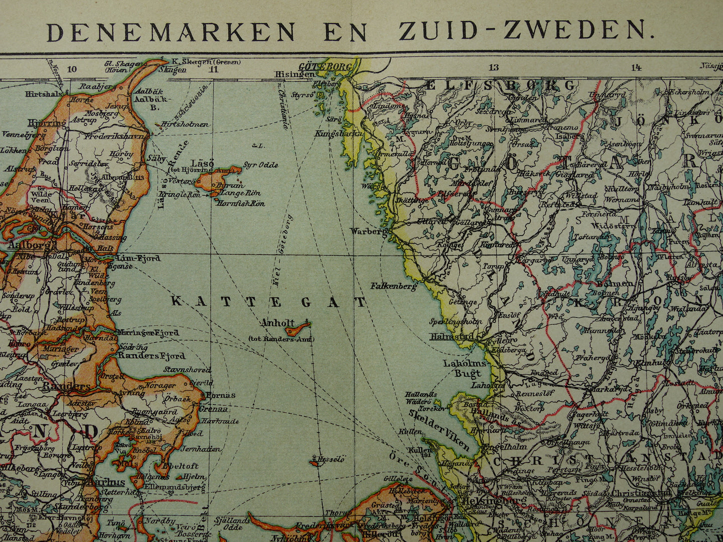 Vintage kaart van Denemarken 1907 originele antieke historische landkaart Denemarken en zuid Zweden