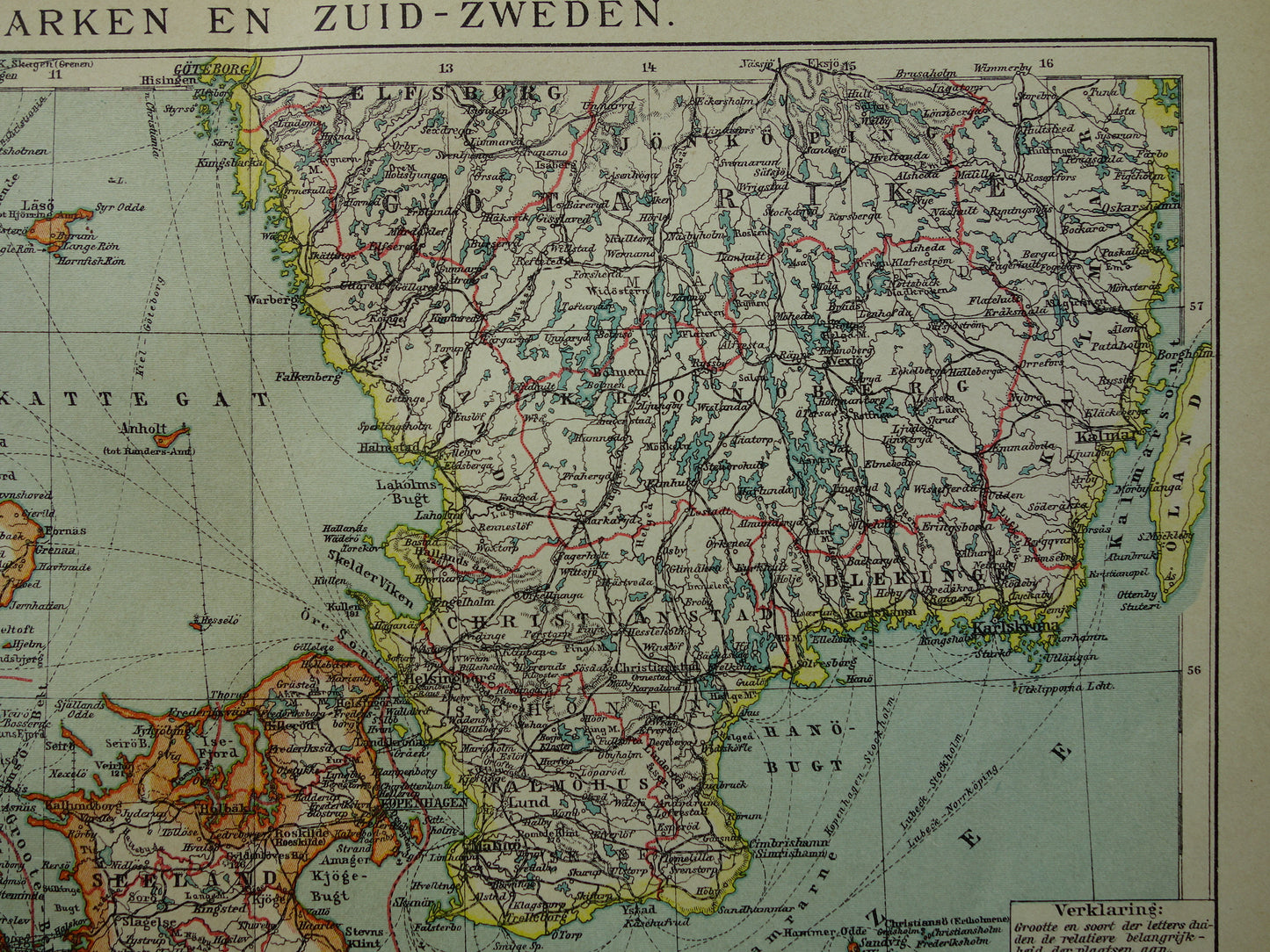 Vintage kaart van Denemarken 1907 originele antieke historische landkaart Denemarken en zuid Zweden