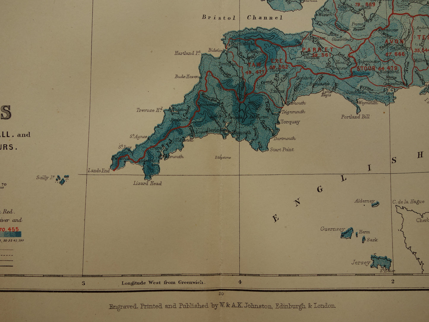 Oude hydrografische kaart van Engeland Wales Ierland Geologische kaarten A.K. Johnston UK Ierland 1879 originele antieke landkaarten