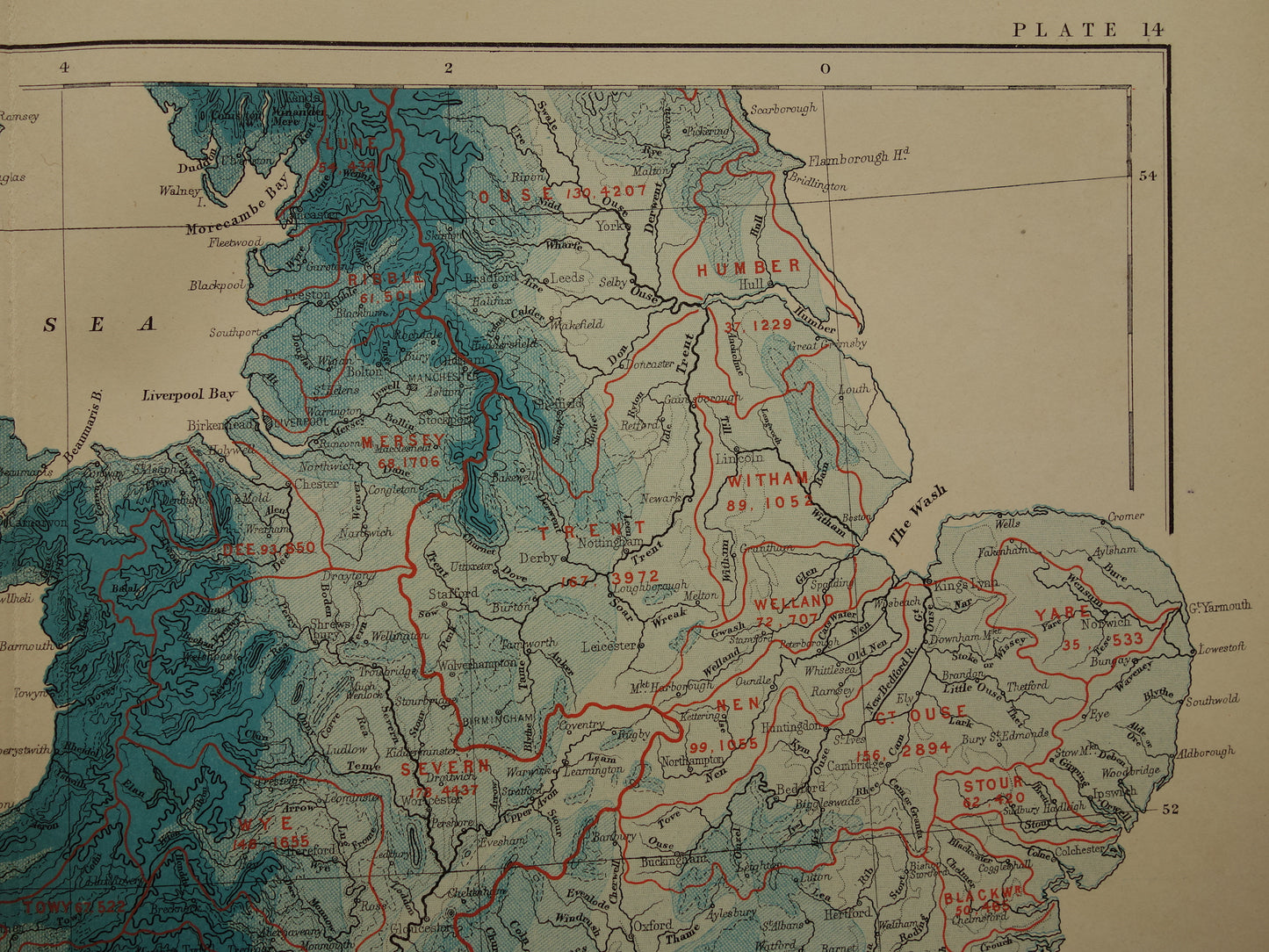 Oude hydrografische kaart van Engeland Wales Ierland Geologische kaarten A.K. Johnston UK Ierland 1879 originele antieke landkaarten