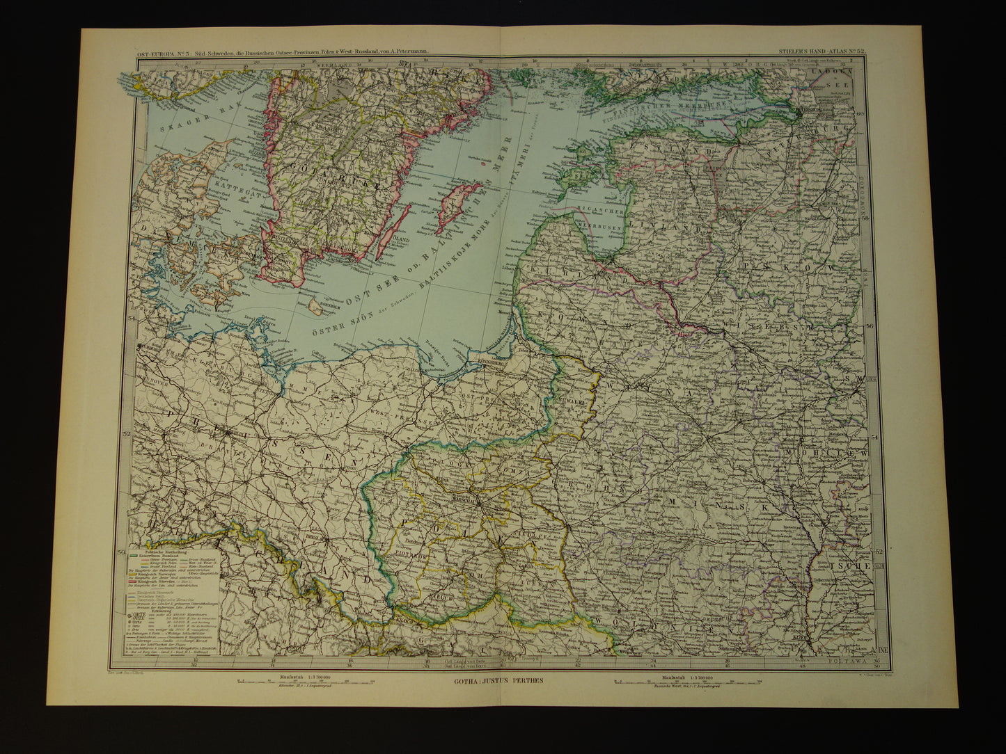 OOSTZEE oude kaart van Baltische Staten Polen in 1886 originele antieke landkaart Estland Letland Litouwen vintage poster