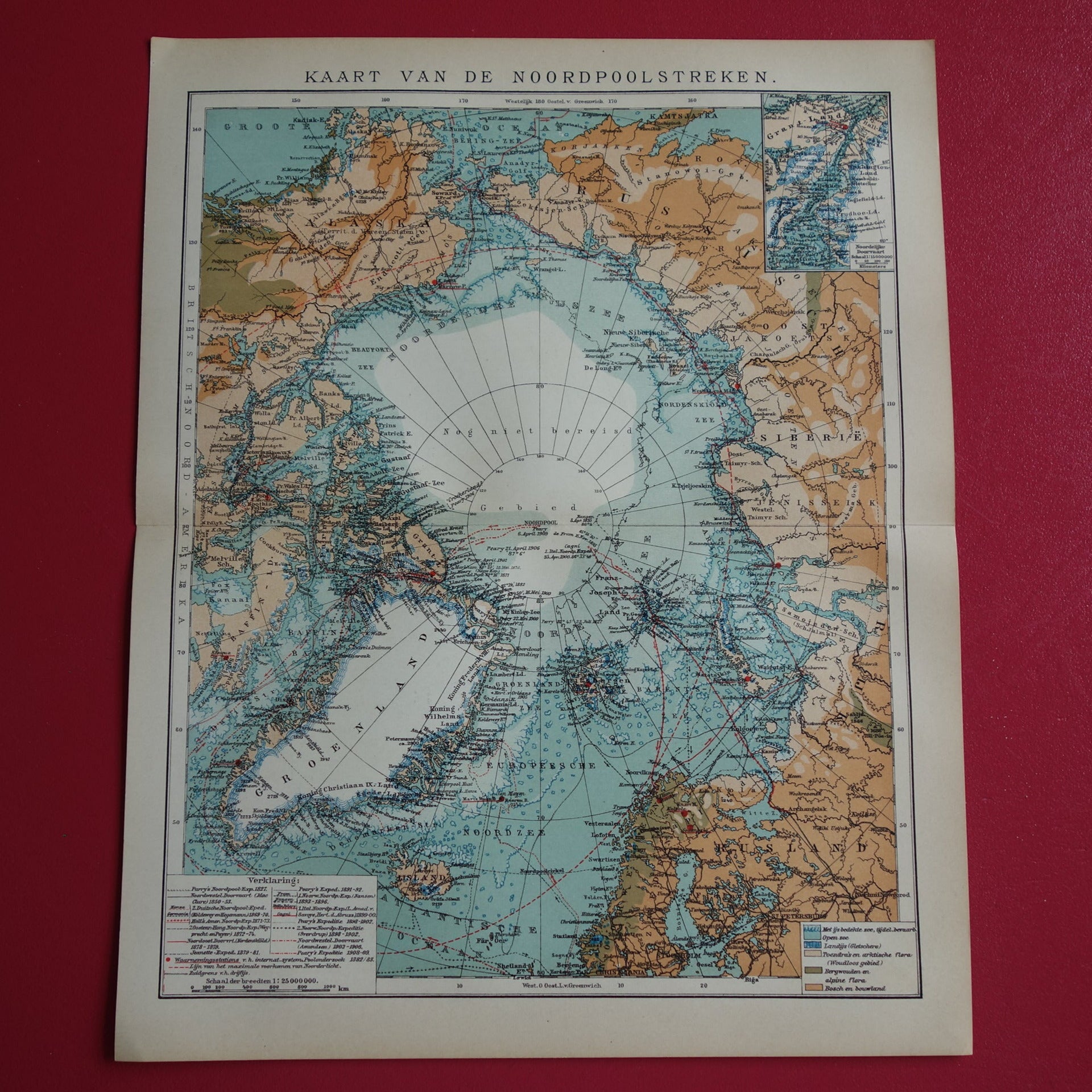 Oude kaart van de Noordpool 1910 originele antieke Nederlandse landkaart Groenland Spitsbergen