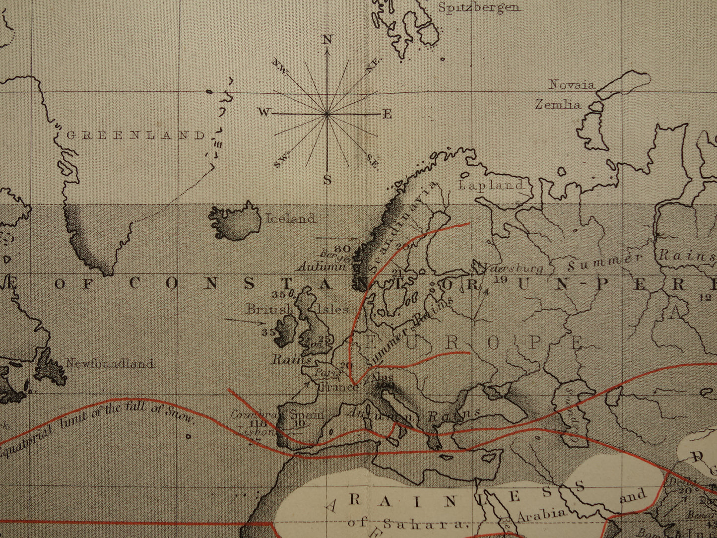 WERELDKAART oude kaart van regen en sneeuw Originele antieke Engelse kaart over neerslag klimaat regenval landkaarten
