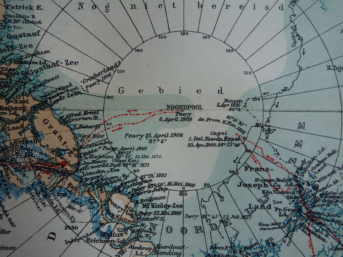 Oude kaart van de Noordpool 1910 originele antieke Nederlandse landkaart Groenland Spitsbergen