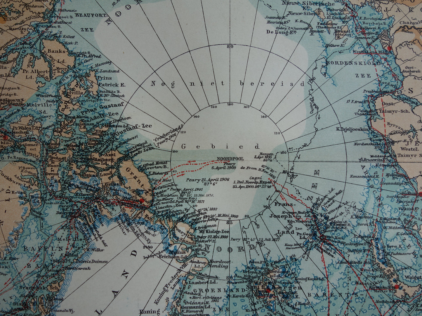 Oude kaart van de Noordpool 1910 originele antieke Nederlandse landkaart Groenland Spitsbergen