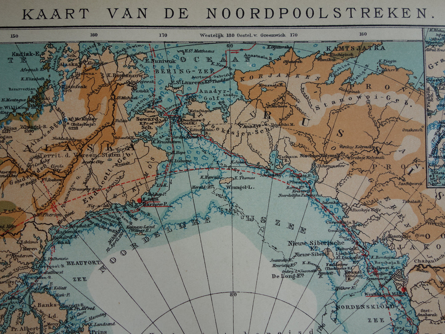 Oude kaart van de Noordpool 1910 originele antieke Nederlandse landkaart Groenland Spitsbergen