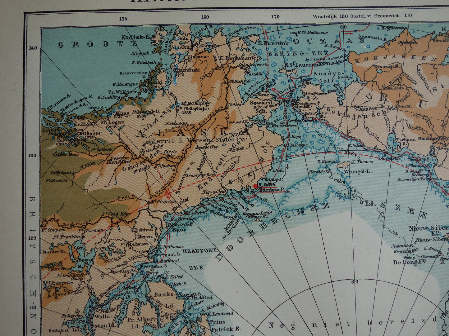 Oude kaart van de Noordpool 1910 originele antieke Nederlandse landkaart Groenland Spitsbergen