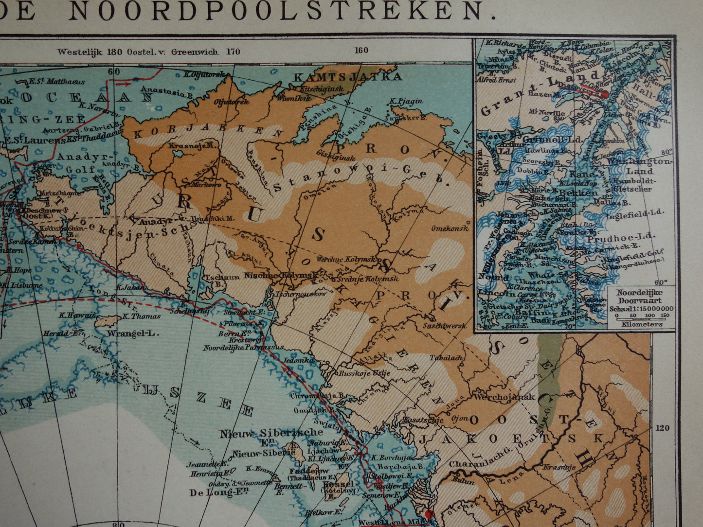 Oude kaart van de Noordpool 1910 originele antieke Nederlandse landkaart Groenland Spitsbergen