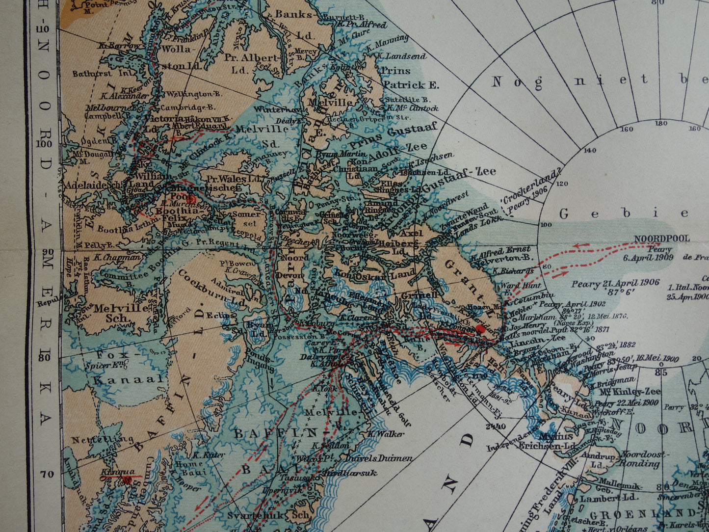 Oude kaart van de Noordpool 1910 originele antieke Nederlandse landkaart Groenland Spitsbergen