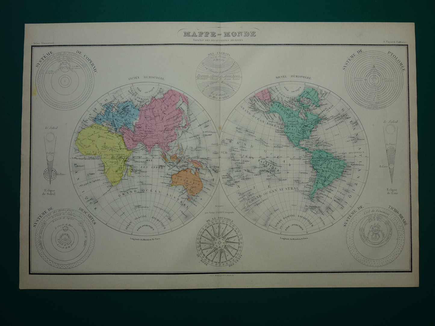 Antieke Wereldkaart uit 1877 originele Franse oude kaart van de wereld